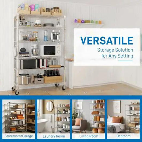 Rock Solid Six Tier Wire Shelving Rack With Wheels Dang Sturdy Heavy Duty Metal Storage Cart fully loaded in a stylish kitchen.