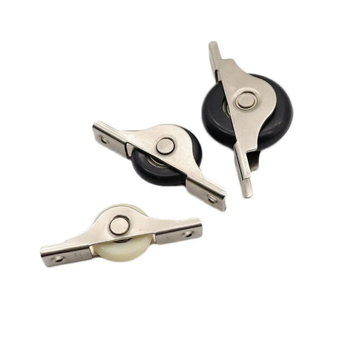 Straight Shooting Shower Door Rollers And Heavy Duty Sliding Track Wheels With Bulletproof Nylon Ball Bearings, three rollers with metal brackets.