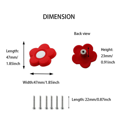 Top Shelf Cartoon Style Soft Grip Rubber Cabinet Knobs And Drawer Pulls For Kids Rooms featuring red flower design with dimensions.