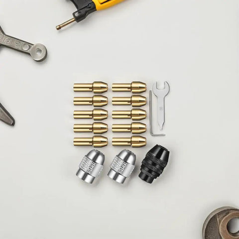Copper Collet Chuck Set With Nut For Grinders And Drill Presses, 32 Piece Die Collet Kit displayed with tools in background