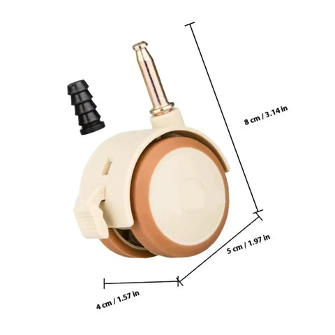 4pcs Crib Caster Wheel Set with Grip Neck Stem, PU Silent Locking showing a single caster wheel with dimensions and locking mechanism.