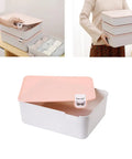 Pink Plastic Underwear Storage Box With Marked Lid For Under Bed Closet Drawer Organization Hella Tough Polypropylene Bin on a table.