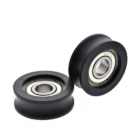 10 Pack Badass U Groove Plastic Coated Bearing 6201 12mm Bore 44mm OD 16mm Thickness POM Nylon White Pulley Wheel close-up showing two wheels.