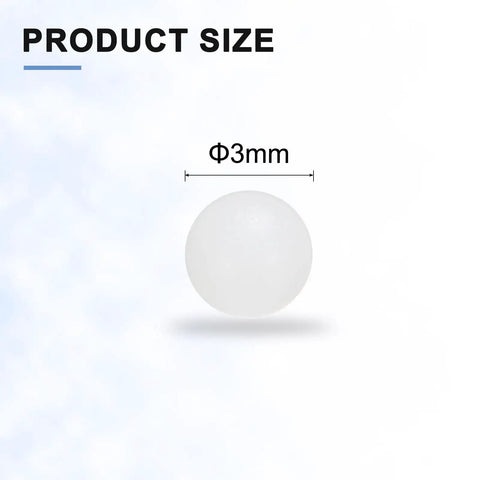 50 Piece White Nylon Bearing Balls 3mm Diameter G1 Precision Tolerance with size indicator on a frosted surface.