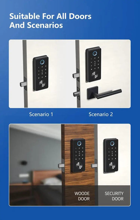 Slick Smart Lock Electronic Deadbolt with App Key Digital Entry and Fingerprint Tech for Top Shelf Home Security plus Guest Access and No Sweat Setup with Low Battery Alert for Homes Schools and Hotels on wooden and security doors.