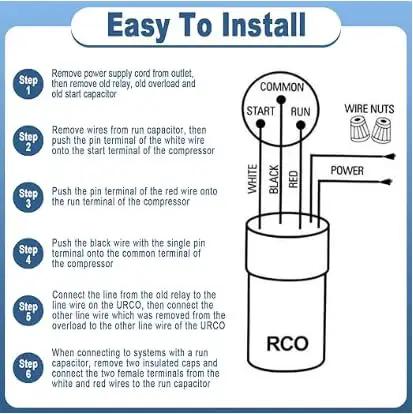 Step-by-step installation guide for Heavy Duty Three In One Compressor Hard Start Capacitor Kit featuring built-in relay and thermal overload.