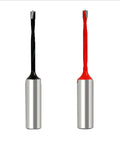 Two TavRav wood Brad-point drill bits, 3mm diameter, silver shanks with black and red coated bodies (front view).
