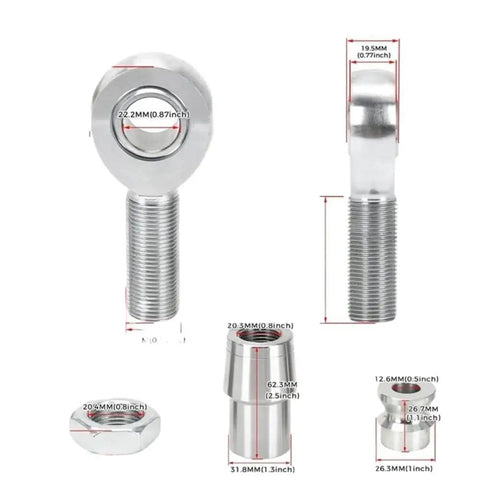 Heavy Duty Seven Eighth Inch Heim Joint Rod End Kit 2 Pack For A60X 4X4 Diesel Steering And Suspension Linkages showing detailed dimensions and metal components.