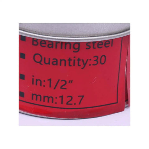 Kickass Half Inch Bearing Balls 30 Pcs Snag Hella Precise Chrome Steel Ball Bearings for Tough DIY and Heavy Machinery Repairs Rock Solid Construction and Non Magnetic Hardware Delivering Top Shelf Daily Performance Without any Hassle or Compromise label showing bearing steel quantity and sizes in inches and millimeters.