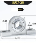 Top Shelf Heavy Duty Stainless Steel Pillow Block Bearing Built Tough For Smooth High Speed Spin And Dead Silent Operation Workhorse Grade Design With Durable 202 Outer Shell And Precision 440 Steel Core For 75 mm Axles, SUCP 211 model with measuring details.