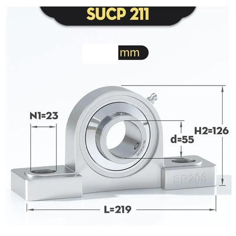 Top Shelf Heavy Duty Stainless Steel Pillow Block Bearing Built Tough For Smooth High Speed Spin And Dead Silent Operation Workhorse Grade Design With Durable 202 Outer Shell And Precision 440 Steel Core For 75 mm Axles, SUCP 211 model with measuring details.