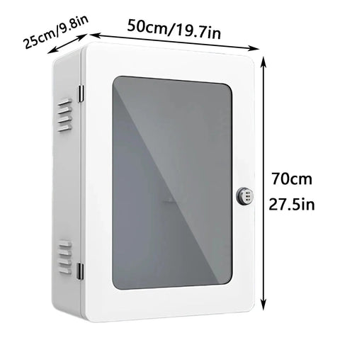Heavy Duty Wall Mount EV Charger Protection Box dimensions showing 70cm height, 50cm width, and 25cm depth, white finish design.