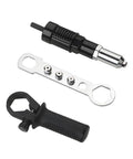 Heavy Duty 3 Piece Pop Rivet Gun Adapter Kit For Cordless Power Drills Built Tough Steel Riveting Tool Attachment with components.