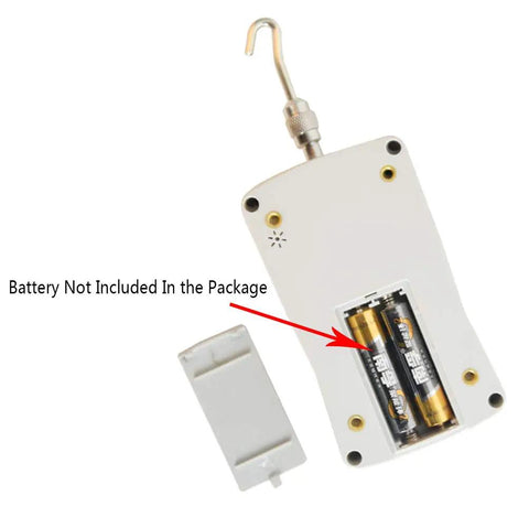 Handheld Digital Force Gauge Push Pull Dynamometer Tester With 10N Max Load showing battery compartment and hook.