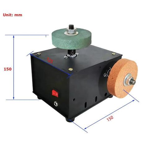 Heavy Duty Dual Motor Benchtop Grinder Featuring Rock Solid Steel Construction Copper Wired Motors Smooth Grinding Action Zero Lag Polisher shown from the side with measuring dimensions.