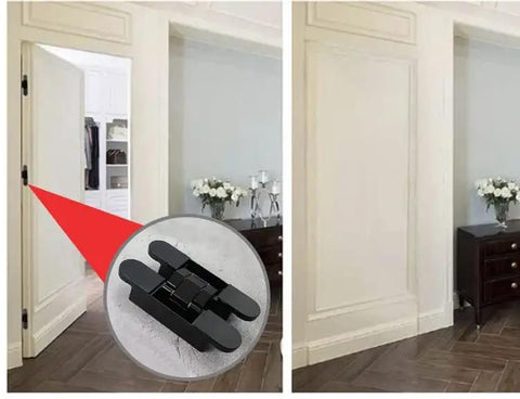Top Tier Six Inch Hidden Door Hinges With Dead Simple Three Dimensional Tuning And Workhorse Zinc Alloy Build For Smooth Heavy Duty Swings On Flush Panels Up To Forty Four Pounds Load displayed beside a door.