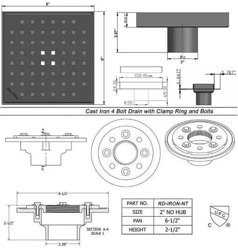 Premium 6 Inch Square Shower Drain With Slick Matte Black Polish And Heavy Duty 304 Stainless Steel Frame Built For Tile Bathrooms Featuring Reliable Hair Catcher Insert Hassle Free Setup Kit detailed diagram showing dimensions and parts.