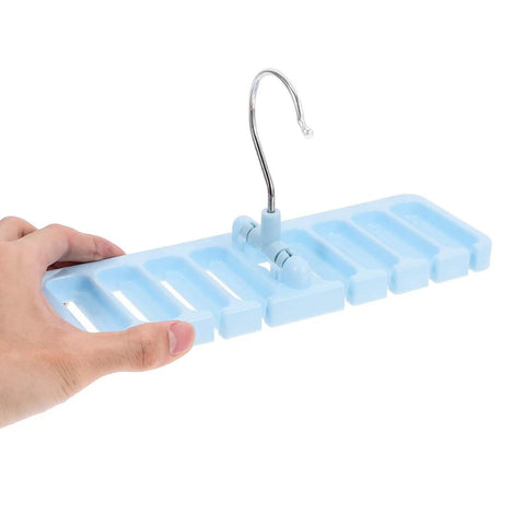 Sleek Belt And Tie Organizer Rack With Foldable Hooks Designed For Compact Closet Spaces Kick Your Wardrobe Into High Gear Keep Accessories Neatly Secured Easy Install Blue, held in hand.