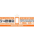 Social media contact information banner for RIDGID Power Tools, encouraging customer service calls and social media follows.