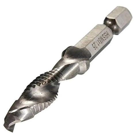 Six Piece Combination Tap And Drill Set Featuring Quarter Inch Hex Shank HSS Metric Threading Taps M3 To M10 showing a close-up of a titanium plated drill bit.