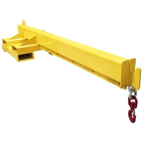 Heavy Duty Forklift Jib Boom Attachment Delivering 4400 Lb Lifting Power With Telescopic Crane Hoist And 12 Foot Reach, yellow steel construction.