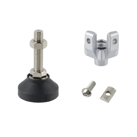 Kickass Heavy Duty Adjustable Leg Mounts For 3030 T Slot Aluminum Extrusions with nylon pads and hardware, showing black base and silver fittings.