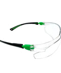 Rock Solid Pair Of Uv Shielding Safety Glasses With Anti Fog Scratch Proof Wraparound Lenses angled view with clear lens and green accents.
