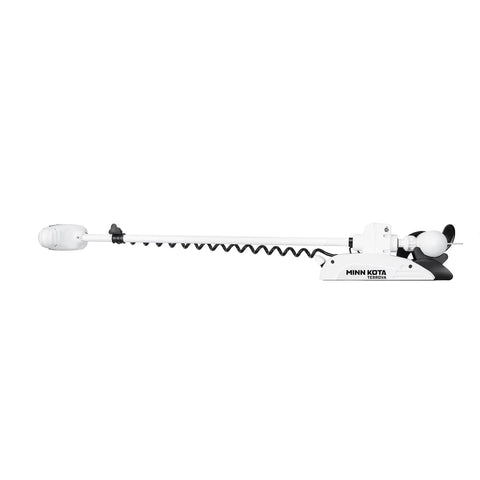 Heavy Duty GPS Bow Mount Trolling Motor With 112 Lb Thrust And 87 Inch Shaft featuring a sleek white design and long shaft for lake fishing.