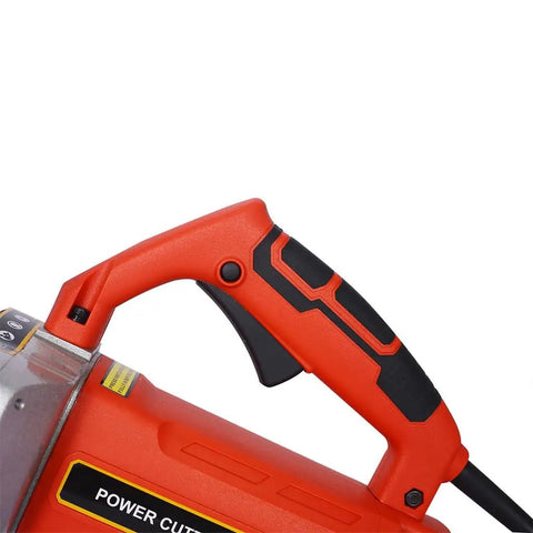 Heavy Duty 14 Inch Electric Concrete Saw Built Tough 3000W Motor handle close-up with ergonomic grip for cutting comfort.