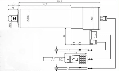 Technical diagram of Auto Tool Change System For CNC Milling Machines, 36V 250W Power, 38mm Grinding Diameter, 40K RPM High Speed Spindle.