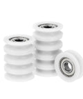 Kickass 10 Pack Nylon U Groove Ball Bearings With Solid Chrome Steel Core Fits 8 Millimeter Shafts shown in white pulley wheels.