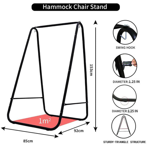 Weather Resistant Hammock Chair Stand With Hanging Swing Chair Included For Indoor Outdoor Use Space Saving Iron Triangle Frame Handles Up To 450 Lbs Easy Setup No Fuss Green Patented Swing Stand, side view showing dimensions and triangular structure.