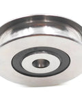 Heavy Duty Stainless Steel Deep U Groove Ball Bearing Pulley With Smooth Ball Bearing Action For Wire Rope And Cable Rigging Built Like A Tank To Handle 431 Pounds No Sweat Required, close-up view showing deep U groove design.