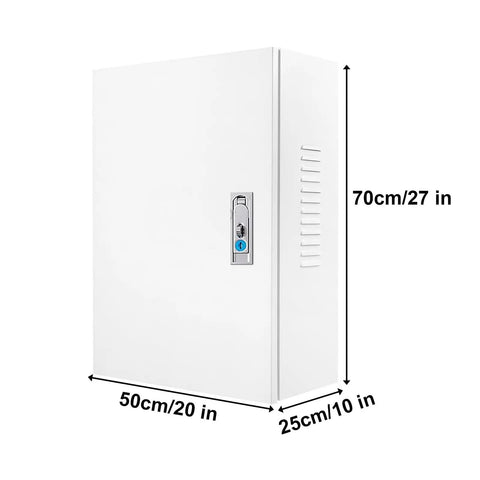Heavy Duty Wall Mount EV Charger Protective Cover Box For Outdoor Spaces features dimensions 70cm x 50cm x 25cm and secure locking door.