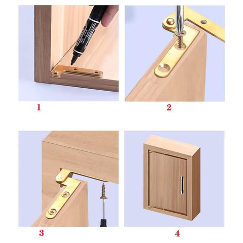 Installation of 360 Degree Rotatable Copper Pivot Hinges For Cabinets And Doors Antique L Shape Hidden Hinges on a wooden frame.