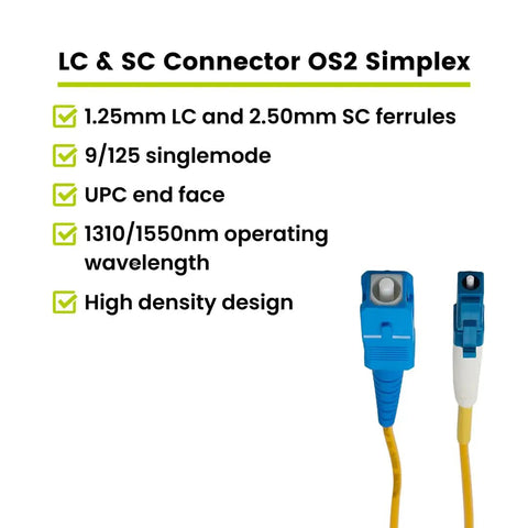 Rock Solid Plug And Play LC To SC OS2 Singlemode Fiber Patch Cable 7 Meters Yellow Simplex 9 By 125 Um connectors showcasing UPC end face.