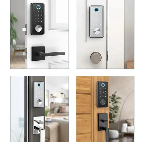 Plug And Play Smart Deadbolt Lock Featuring Biometric Fingerprint And Keyless Keypad Entry For Front Doors shown on different doors.