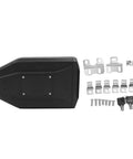 Heavy Duty ABS Motorcycle Side Toolbox Featuring Rugged Stainless Steel Brackets, side view with mounting hardware and keys.