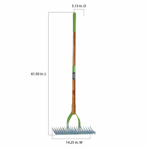 15 Inch Adjustable Self Cleaning Thatch Rake With Hardwood Handle For Lawn Care Curved Tines For Clearing Dead Grass Clippings Comfortable 10 Inch Grip Durable All Purpose Yard Rake shown from front view with measurements