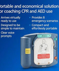 Front view of Philips HeartStart AED trainer with blue housing, pull handle, and zippered carry case