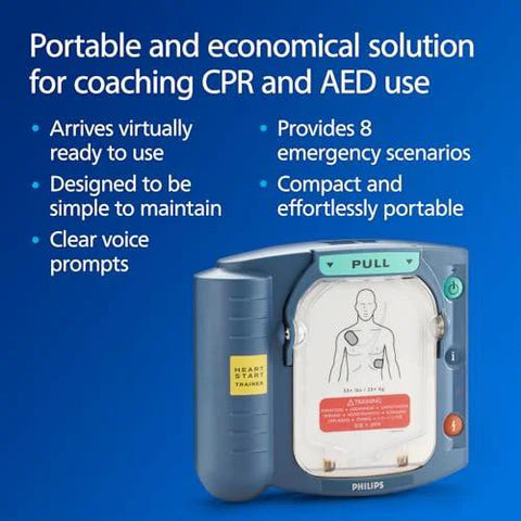 Front view of Philips HeartStart AED trainer with blue housing, pull handle, and zippered carry case