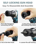 Self-locking gun head of Rock Solid 2 In 1 Cordless Rivet Nut Gun showing assembly steps with hands demonstrating usage.