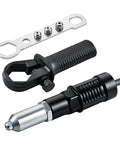 All In One Rivet Gun Adapter Kit With Four Interchangeable Heads For Drill Attachments, showing tools and adapter components