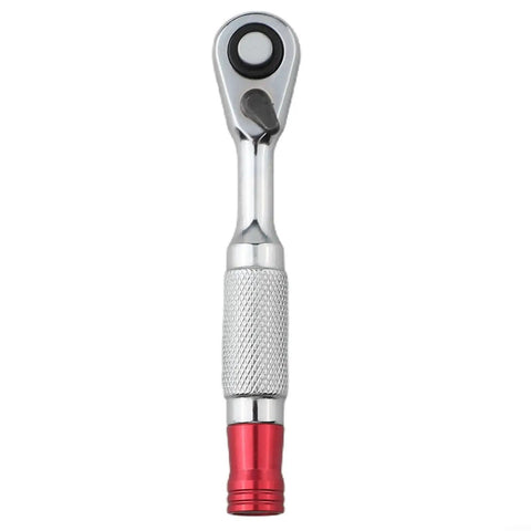 Compact Socket Wrench Set Featuring 72 Tooth Quick Swing Ratchet Built Ridiculously Tough For Crawling Into Cramped Engine Bays Without Any Fuss, showing a chrome ratchet with a red handle.