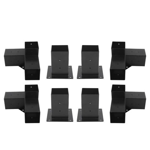 Heavy Duty 3 Way Corner Post Bracket Kit With Black Powder Coated Steel For Six By Six Lumber DIY Elevated Wood Stand Rustproof Weatherproof Hardware Set 8 Pieces