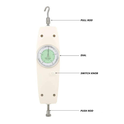 Dynamometer Force Meter With 500N Capacity Push Pull Tester And Dial Gauge For Shop Floor Industrial Labs And Workshop Quality Control With Precise Tension And Load Readings, front view with pull rod and push rod
