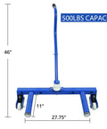 Heavy Duty Adjustable Tire Moving Cart That Handles 500 Lbs Like A Champ, blue frame with dimensions 46 inches height, 27.75 inches width.