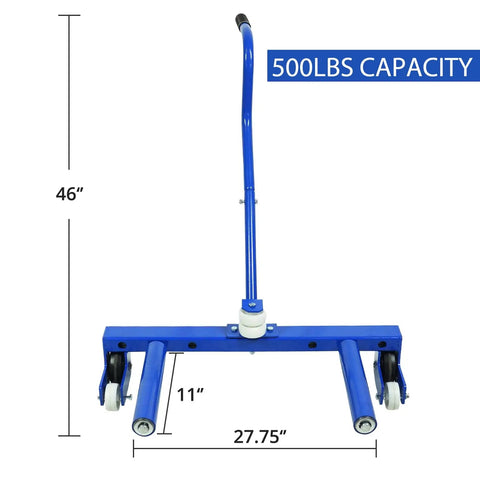 Heavy Duty Adjustable Tire Moving Cart That Handles 500 Lbs Like A Champ, blue frame with dimensions 46 inches height, 27.75 inches width.