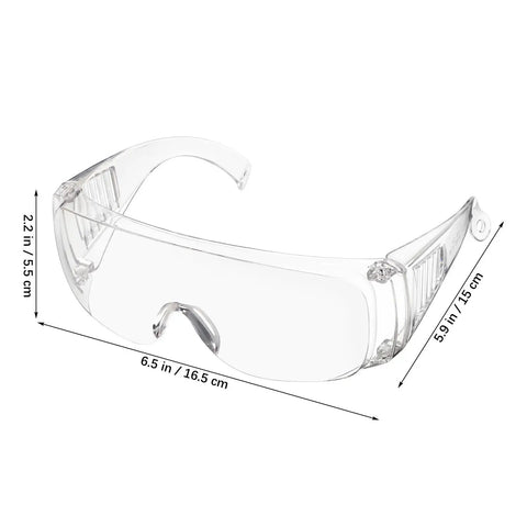 Six Pair Safety Glasses With Ventilated Louvered Frames And Wraparound Side Shields For Lab Projects And Shop Work Impact Resistive Clear Lenses showing side view and dimensions.