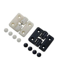 Positioning torque hinge with beige and black plates, 90-degree limit; kit includes small white and black bumpers